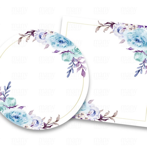Blue Purple Peony Floral Border Circle + Square PNG, With Without Gold Frame, Blank Labels for Round Business Stickers, Gift Tags, Cricut