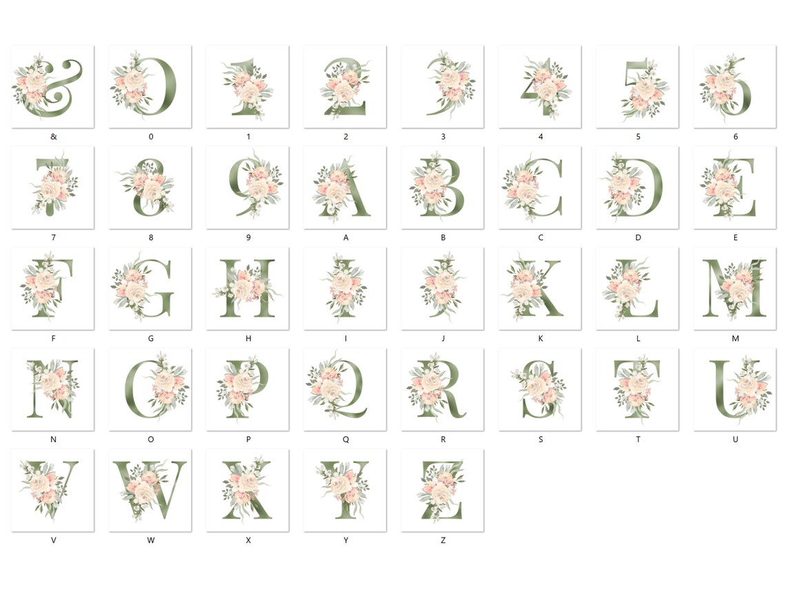 Sage Green Floral Alphabet Set PNG Download, Monogram Letters, Cream ...