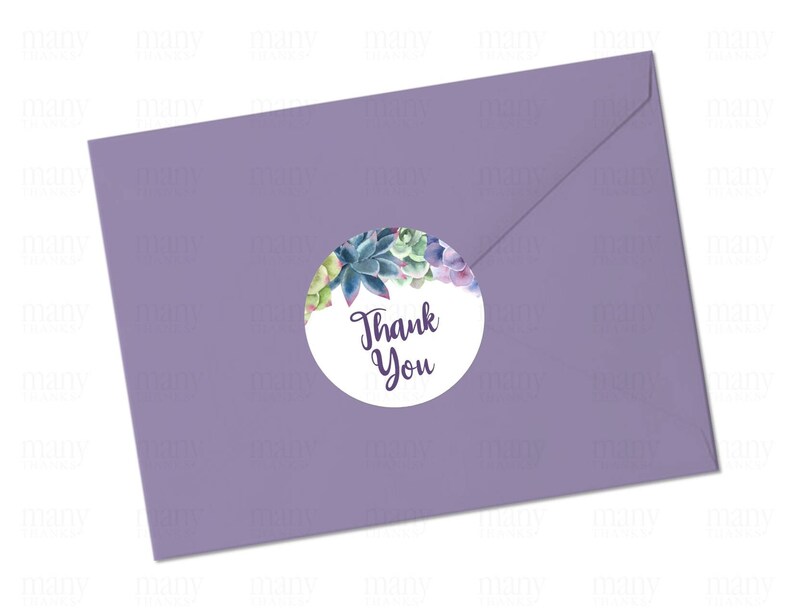 May include: A round sticker with a watercolor illustration of succulents in shades of purple, green, and pink. The sticker has a white background and the text "Thank You" in purple script.
