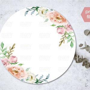 May include: A white circle with a floral border of pink, peach, and white flowers with green leaves. The background is white.