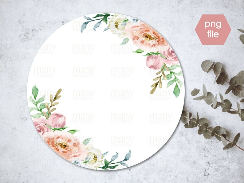 May include: A white circle with a floral border of pink, peach, and white flowers with green leaves. The background is white.