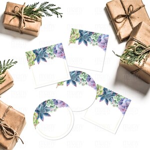 May include: Five gift tags with a watercolor succulent design. The tags are white with a gold border and feature a succulent border with a blank space for writing. The tags are arranged on a white background with brown wrapped gifts.