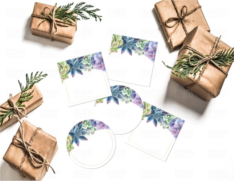 May include: Five gift tags with a watercolor succulent design. The tags are white with a gold border and feature a succulent border with a blank space for writing. The tags are arranged on a white background with brown wrapped gifts.