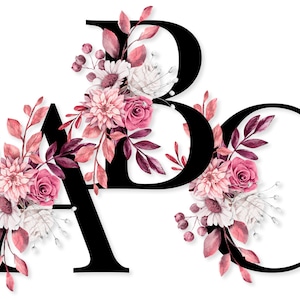 Dusty Rose Floral Alphabet Set PNG Download, Schwarze Monogramm Buchstaben Mauve Aquarell Blumen für Sublimation Shirts, Tassen, Tumbler Tassen, Tasche
