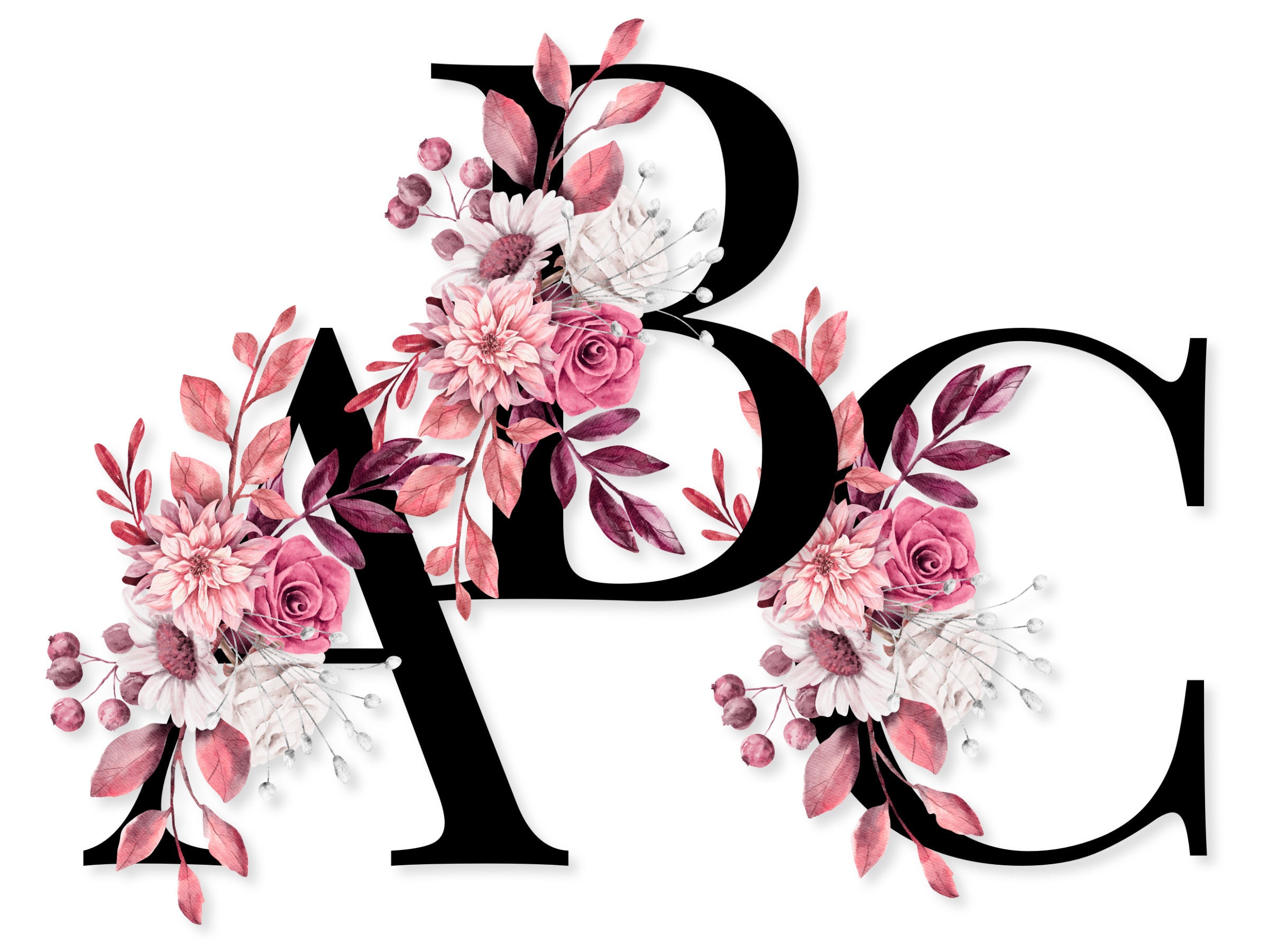 Dusty Rose Floral Alphabet Set PNG Download, Black Monogram Letters ...