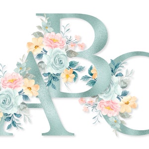 Blue Floral Alphabet Set PNG Download, Monogram Letters with Pastel Pink Watercolor Flowers for Sublimation Shirts, Mugs, Tumbler Cups, Bags