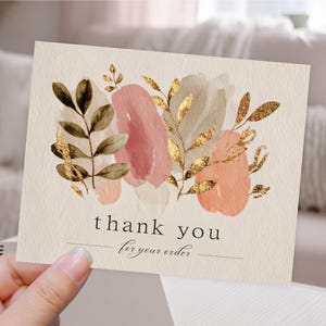 Carte imprimable bohème Merci pour votre commande, feuille d'or rose moderne, paquet de la boutique, insert de carte postale, téléchargement numérique, carte de note personnelle