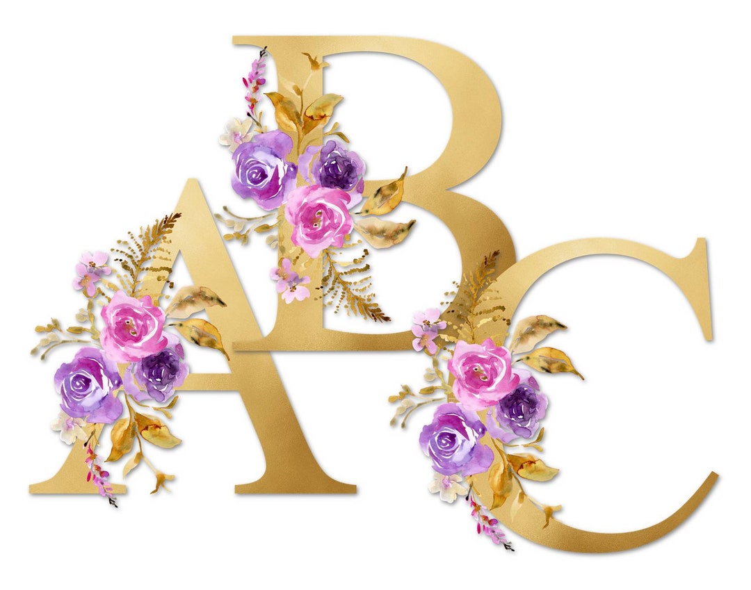 Gold Floral Alphabet Numbers Set, Purple Watercolor Flowers, Monogram ...