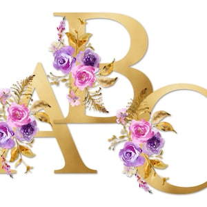 Conjunto de números do alfabeto floral dourado, flores roxas em aquarela, letras de monograma, download PNG para transferências de sublimação, canecas, copos, bolsas