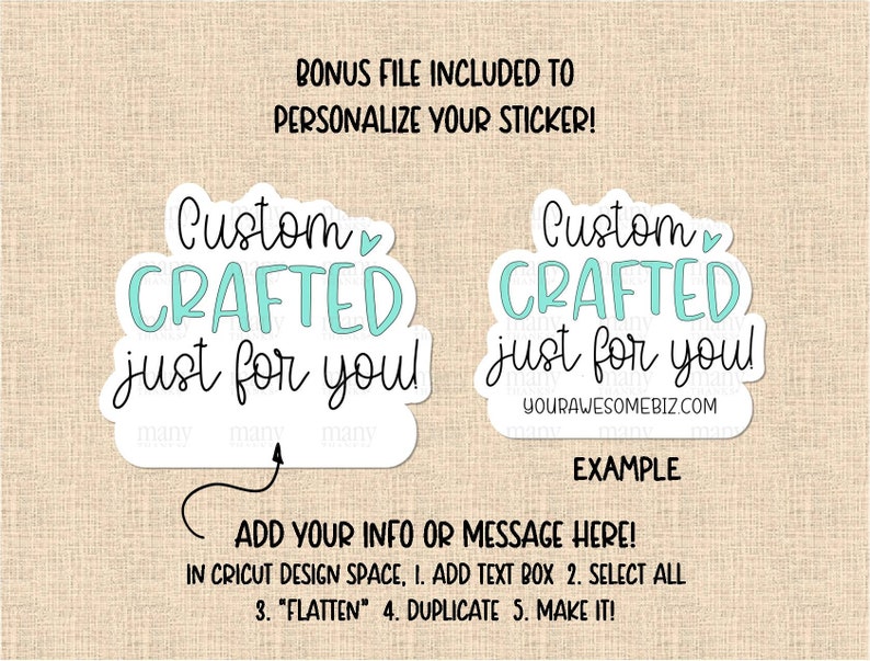 K&ouml;nnte beinhalten: Zwei Aufkleber-Designs mit dem Text "Custom Crafted just for you!" in schwarzer Schrift mit einem hellblauen Herzen. Der linke Aufkleber hat einen wei&szlig;en Hintergrund und der rechte Aufkleber hat einen wei&szlig;en Hintergrund mit der Website "YOURAWESOMEBIZ.COM" in schwarzer Schrift. Der Text "EXAMPLE" befindet sich unter dem rechten Aufkleber. Anweisungen zum Anpassen des Aufklebers befinden sich unter dem Beispiel.