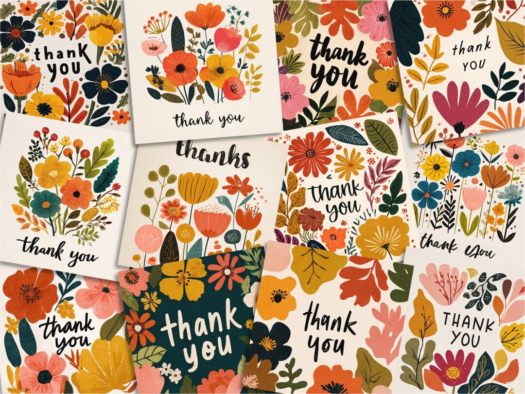 Fall Florals Thank You Cards, Cute Modern Matisse Flower Mini 3x3 ...