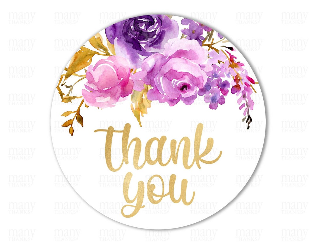 Thank You PNG Circle, Purple Lilac Florals Sticker, Gold Text Round