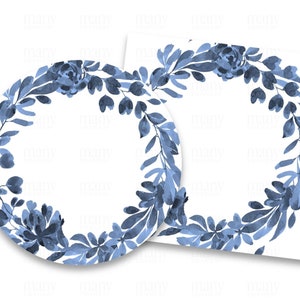 Etiquetas em branco, borda de guirlanda floral azul marinho, círculo PNG + quadrado para adesivos redondos DIY, etiquetas para presentes, negócios, chapéus de coco, Avery Cricut SVG
