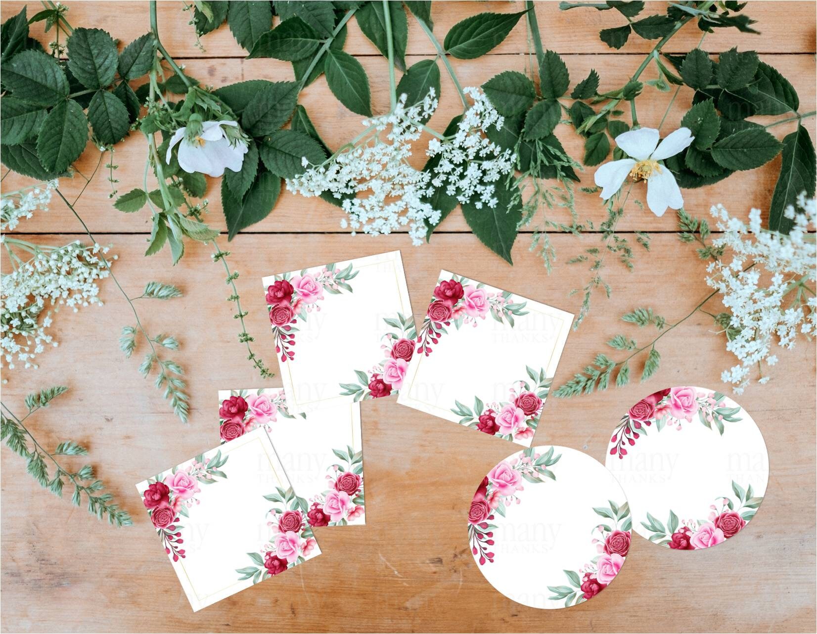 Rose Rectangle Label Blank Labels, Pink Red Roses Border Circle + Square for Round Thank You ...
