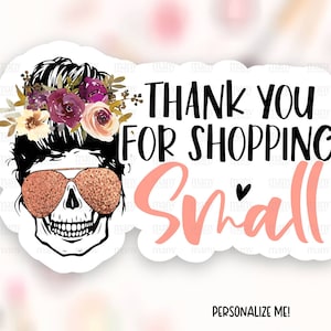 スカルママのお買い物ありがとう小さなステッカーのダウンロードPNG、花柄のビジネスハッピーメールラベル、かわいいショップパッケージシール、クリカットテンプレートSVG