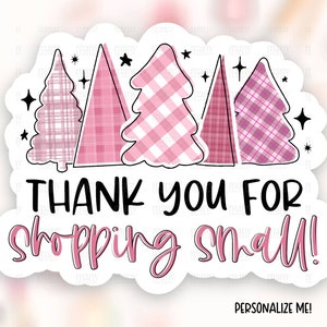 Bedankt voor het winkelen Kleine Sticker Download PNG, Roze Kerst Plaid Bomen Shop Labels, Leuke Winter Pakket Tags, Print Cut Card Template