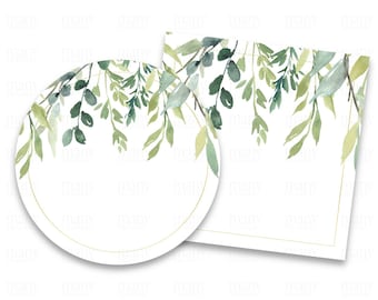 Blank Labels, Foliage Green Leaves Floral Border Circle + Square, With Without Gold Frame for Thank You Stickers, Gift Tags, Product Labels