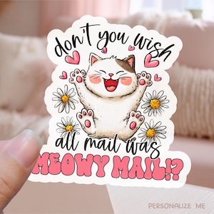 Meowy Mail Small Business druckbare Aufkleber PNG, lustige glückliche Katze Pun Shop Paket Etikett, niedliches springendes Kätzchen Cricut Print Cut Vorlage