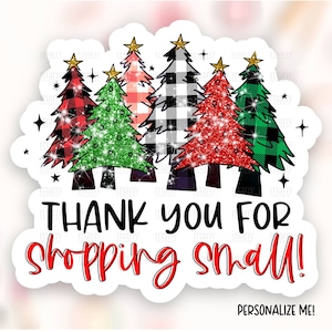 Dziękujemy za zakupy Mała naklejka do pobrania PNG, Tartan Glitter Christmas Trees Shop Label, Cute Package Tags, Print Cut Card Template SVG