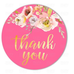 Thank You PNG Circle, Bright Pink Floral Bouquet Gold Text for DIY Round Gift Tag, Stickers, Cupcake Toppers, Card, Label, Cricut Silhouette