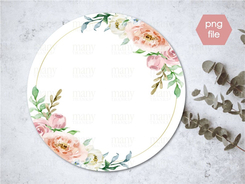 May include: A round, white printable tag with a gold border and a watercolor floral design. The design features pink, white, and green flowers with gold accents.