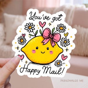 You've Got Happy Mail afdrukbare sticker png, schattige cartoon citroen Small Business pakketlabel, Bow Shop Marketing Cricut stickersjabloon