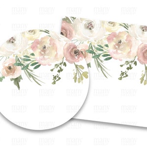 Blank Labels Circle + Square, Pink Cream Watercolor Flowers for DIY Thank You Stickers, Gift Tags, Product Label Template, Avery Cricut PNG