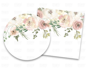 Blank Labels Circle + Square, Pink Cream Watercolor Flowers for DIY Thank You Stickers, Gift Tags, Product Label Template, Avery Cricut PNG