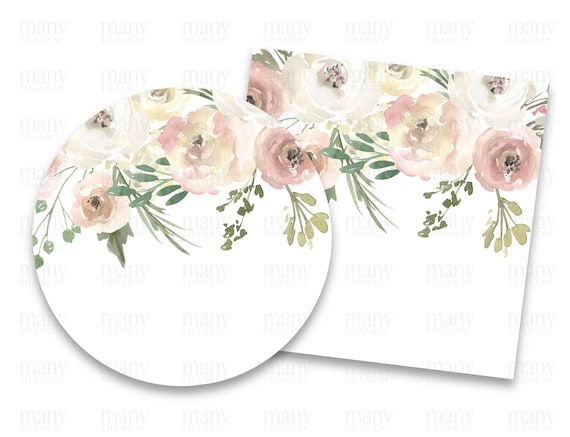 Blank Labels Circle + Square, Pink Cream Watercolor Flowers for DIY Thank You Stickers, Gift Tags, Product Label Template, Avery Cricut PNG