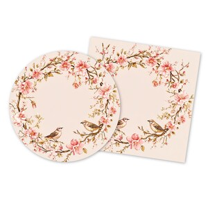 Leere Etiketten, Romantische Blush Vögel Blumenkranz Kreis + Quadrat PNG, Chinoiserie Danke Aufkleber Vorlage, Benutzerdefinierte Geschenkanhänger Hintergründe