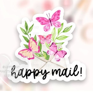 Happy Mail Sticker PNG, Floral Butterflies Envelope Small Business Labels, Mignon Merci Boutique Emballage Sceaux, Cricut Avery Télécharger SVG
