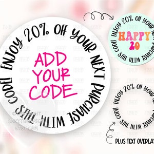 Etiqueta de código de desconto PNG, aproveite 20% de desconto na próxima compra Etiquetas comerciais DIY Circle, etiquetas redondas de pacote de correio feliz, Cricut Avery Download SVG