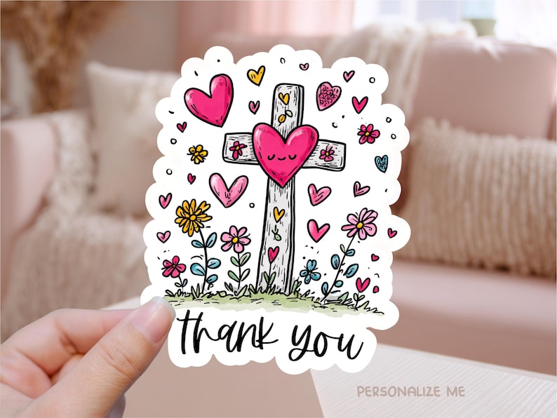 Christian Thank You Printable Sticker PNG, Cute Floral Cross Print Cut