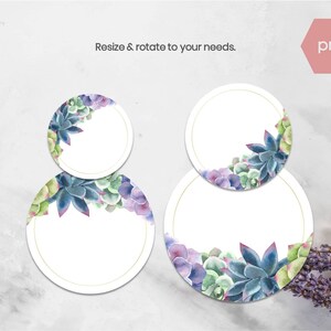 May include: Two round, white labels with a gold border and watercolor succulent designs. The labels are perfect for adding a touch of nature to your crafts.