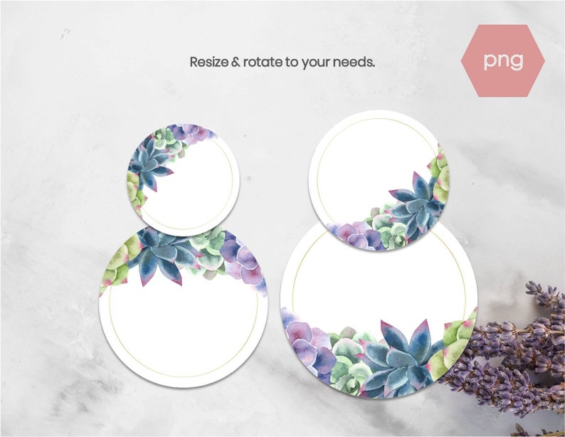 May include: Two round, white labels with a gold border and watercolor succulent designs. The labels are perfect for adding a touch of nature to your crafts.