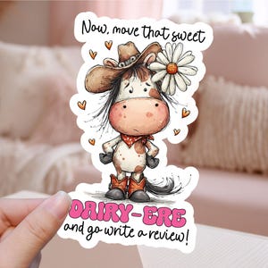 Write a Review Small Business Printable Sticker PNG, Sassy Funny Cartoon Western Highland Cow Pun Print Cut Shop Marketing Label Template