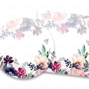 May include: Two printable designs featuring watercolor floral illustrations in shades of pink, purple, and blue. The designs are perfect for creating invitations, cards, or other paper crafts.
