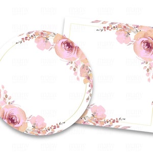 Étiquettes blanches, Cercle de bordure florale rose - Square pour les autocollants de remerciement rond, étiquettes de cadeau, étiquettes d’adresse d’affaires, Avery Cricut PNG SVG