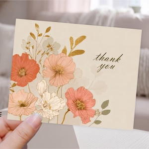 Boho Danke druckbare Karte PDF, süsse Creme Rosa Gold Floral Shop Verpackung Postkarte Vorlage, digitaler Download Persönliche Karte