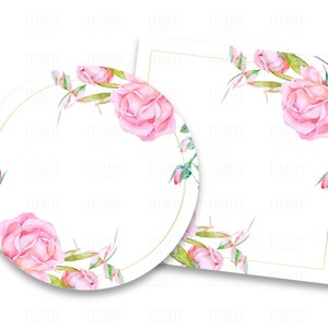 Rosas rosas brillantes Círculo de borde floral + cuadrado PNG, con + sin marco de oro, en blanco para pegatinas redondas, etiquetas de regalo, etiquetas comerciales, cricut