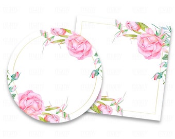 Bright Pink Roses Floral Border Circle + Square PNG, With + Without Gold Frame, Blank for Round Stickers, Gift Tags, Business Labels, Cricut