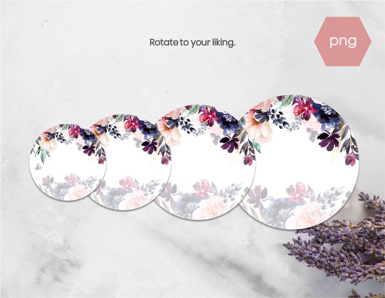 May include: Three round white paper plates with a watercolor floral design in shades of pink, purple, and blue. The plates are arranged in decreasing size from left to right.