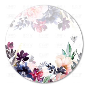 May include: A round floral design with a white background. The flowers are in shades of pink, purple, and blue. The design is perfect for a wedding or other special occasion.