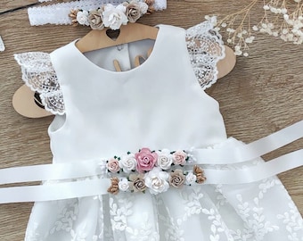 Taufkleid Gr. 62, baptism dress ivory Babykleid Baby Boho Dress baby girls lace dress Baby girl wedding dress Flowers baby dress