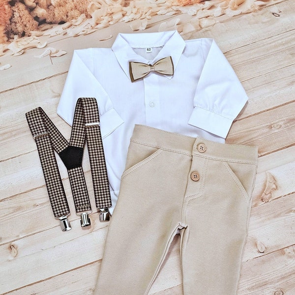 Taufkleidung für einen Jungen, Taufkleidung taufset, Jungen Taufoutfit, beige baby clothes for a boy with suspenders