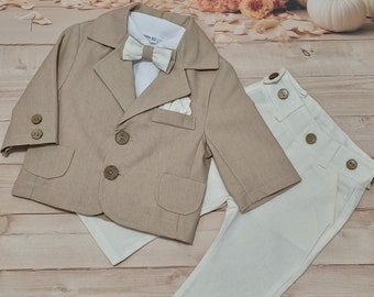 Beiger Leinen babyanzug, taufanzug jungen, Leinenanzug, taufe outfit Festanzug Kinderanzug Taufoutfit junge, Formelles Outfit Baby boy suit