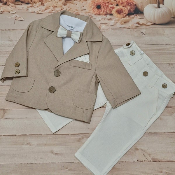 Beiger Leinen babyanzug, taufanzug jungen, Leinenanzug, taufe outfit Festanzug Kinderanzug Taufoutfit junge, Formelles Outfit Baby boy suit