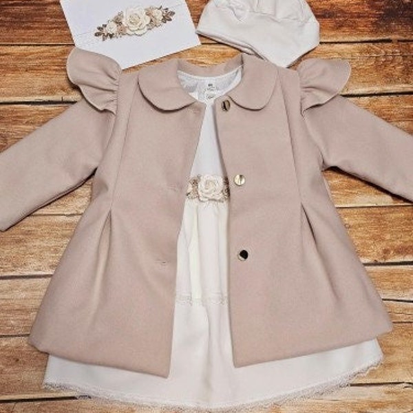 Manteau beige, Babymantel für ein Mädchen, Beiger Taufmantel, Beiger Fleecemantel für Mädchen 62, 68, 74, 80, 86