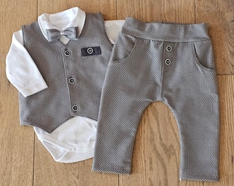 Conjunto de algodón gris para un niño, traje de bautismo, traje de bautizo bebé niño, ropa para bebé niño, Taufkleidung für einen Jungen