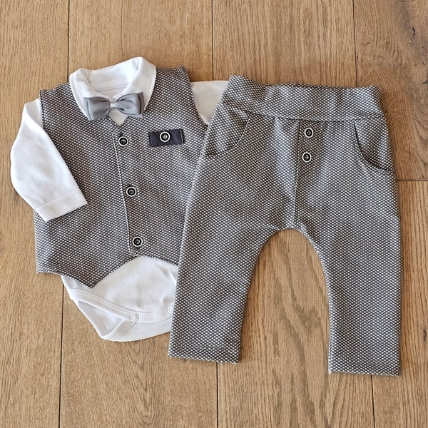 Gray cotton set for a baby boy, baptism outfit, Christening Outfit Baby boy, Clothes for baby Boy, Taufkleidung für einen Jungen